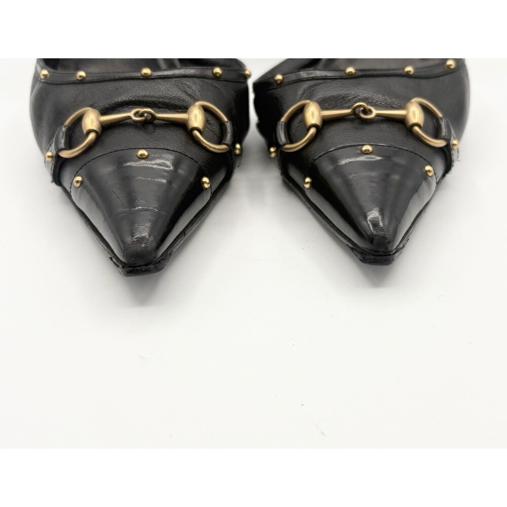 Gucci Black Leather Horsebit Studded Pointed Toe Ankle Strap Heels Size EU 38 - Picture 6 of 14